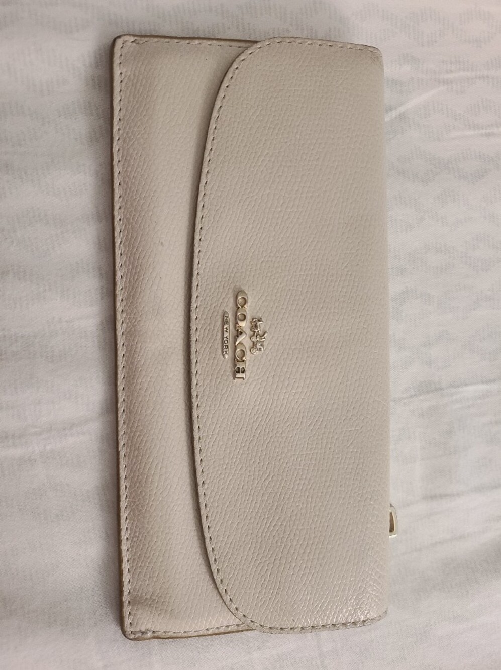Coach Pebbled Leather Continental Wallet in Cream with Gold Hardware